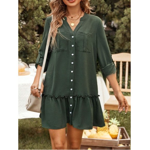 Green Ruffle Hem Smock Dress - Picture 2 of 6